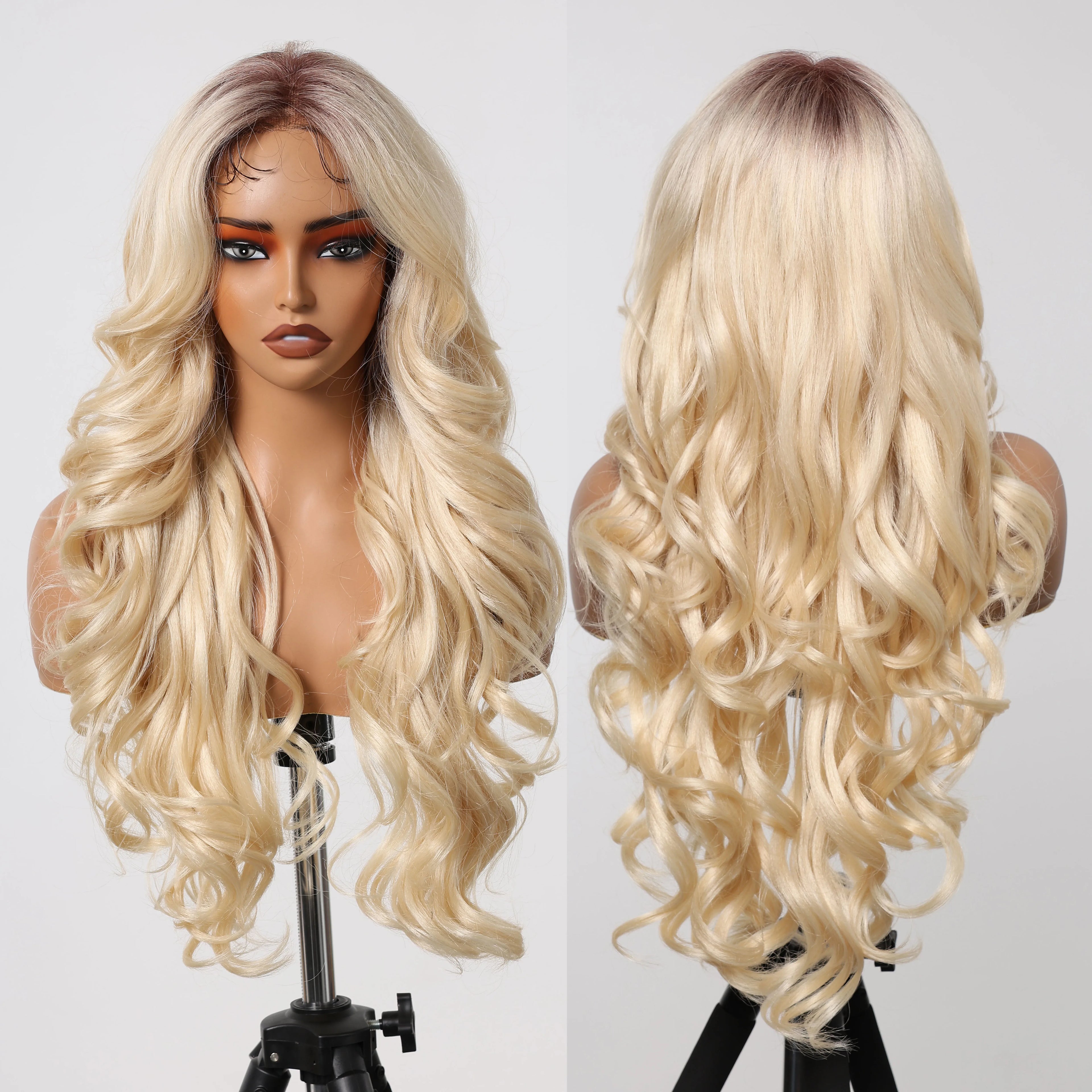 13 * 6 U Handmade Lace Wig Synthetic Future Fiber Natural Soft Wig Color Mixing High Density Dark Hair Root Blonde 613
