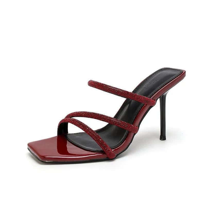 BUSY GIRL HYG01 Red Heeled Sandals Women's High Heel Shoes Latest Products 2025 Fashion Rhinestone Two Strap slippers High Heels