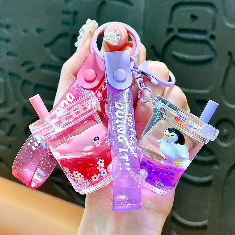 Souvenir Night Glow Oil Into Bottle Boba Key Chain Holder 3D Cute Flowing Sand Milk Tea Cup Liquid Boba Keychain Liquid