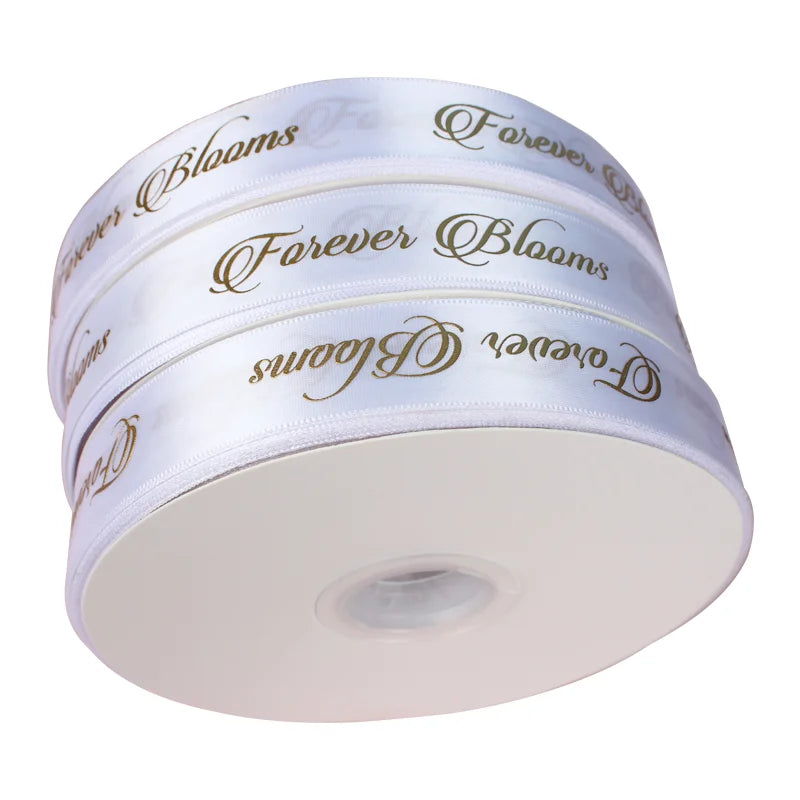 Factory Price 2.5cm Grosgrain Gift Ribbon Double Face Satin Custom Gold Foil 3D Embossed Logo Printed Flower Decoration Box