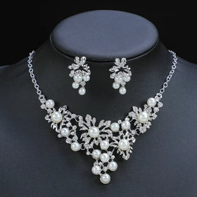 Women's Wedding Necklace Set Jewelry Simulated Pearl Leaf Bowknot Bridal Bride Necklace Earrings Set