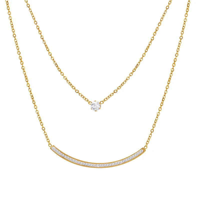 Fashion Personality Double Layer Smile Zircon Necklace Wholesale Stainless Steel Necklace