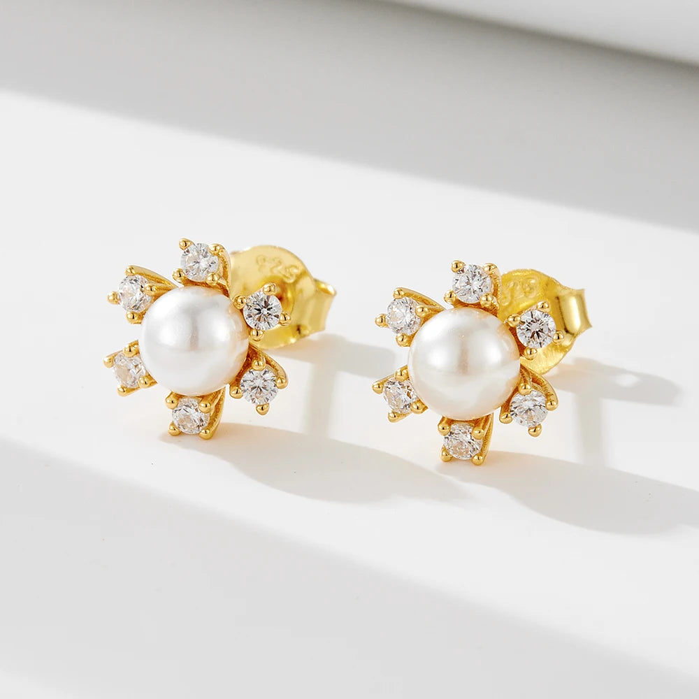 Factory Wholesale S925 Sterling Silver Pearl Fashion Jewelry Elegant Exquisite Snowflake Flower Gold Stud Earrings for Girl Gift