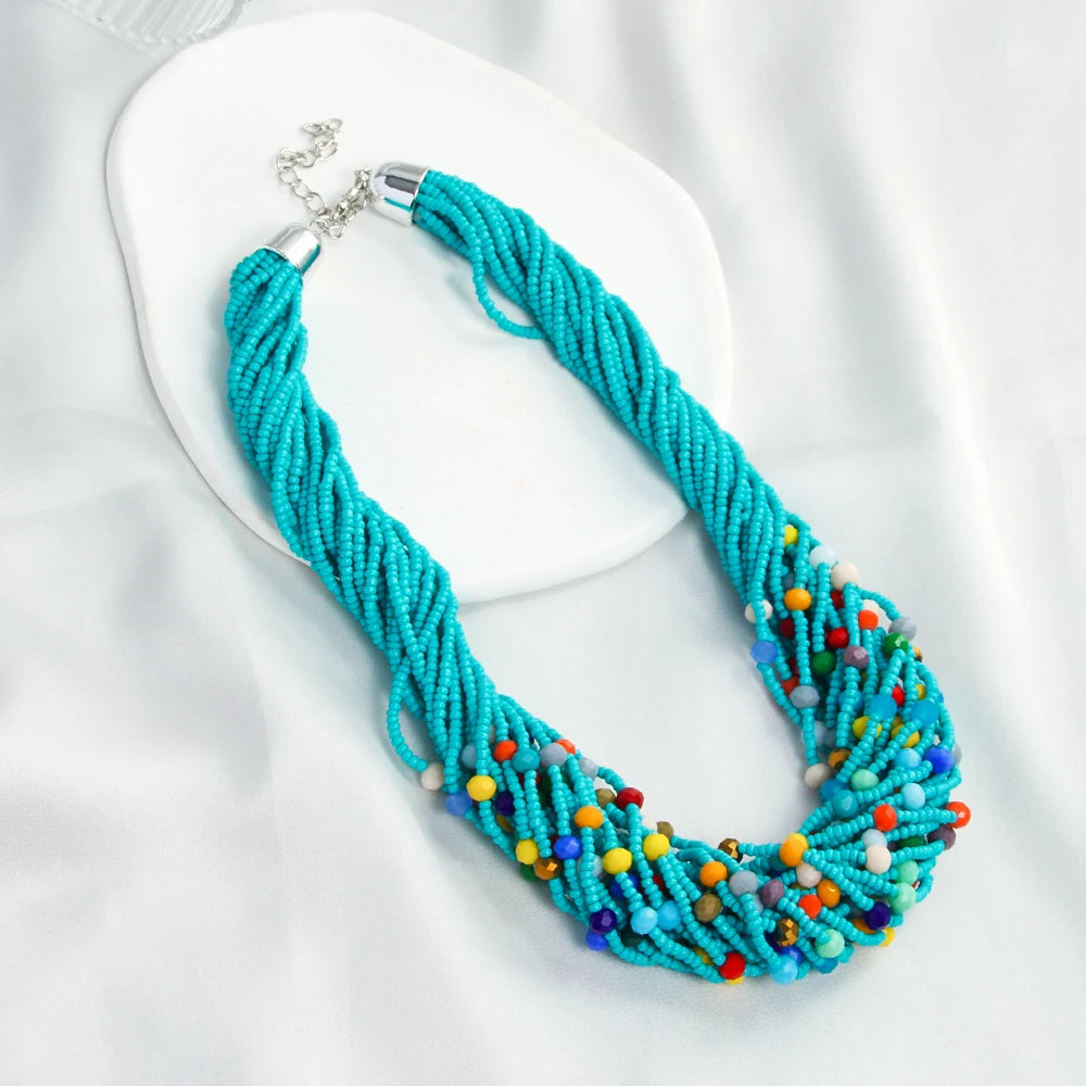 Fashion Bohemian Ethnic Style Exaggerated Women Jewelry Multilayer Rice Beads 6mm Colored Glass Beaded Necklace Handmade Choker