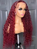 HD Transparent Kinky Curly 100% Virgin Brazilian Remy Human Hair Lace Front Wig 250% Density for Lace Burgundy/Red Color 30-40
