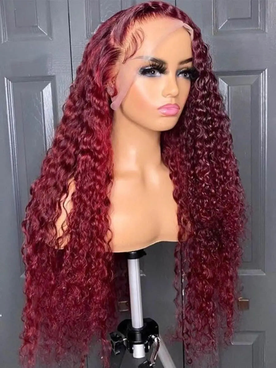 HD Transparent Kinky Curly 100% Virgin Brazilian Remy Human Hair Lace Front Wig 250% Density for Lace Burgundy/Red Color 30-40