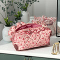 YY Handmade Makeup Bag Frilly Pink Floral Bow Pattern With Pink Gingham Lining Quilted  Toiletry Travel Cosmetic Skincare Bag.