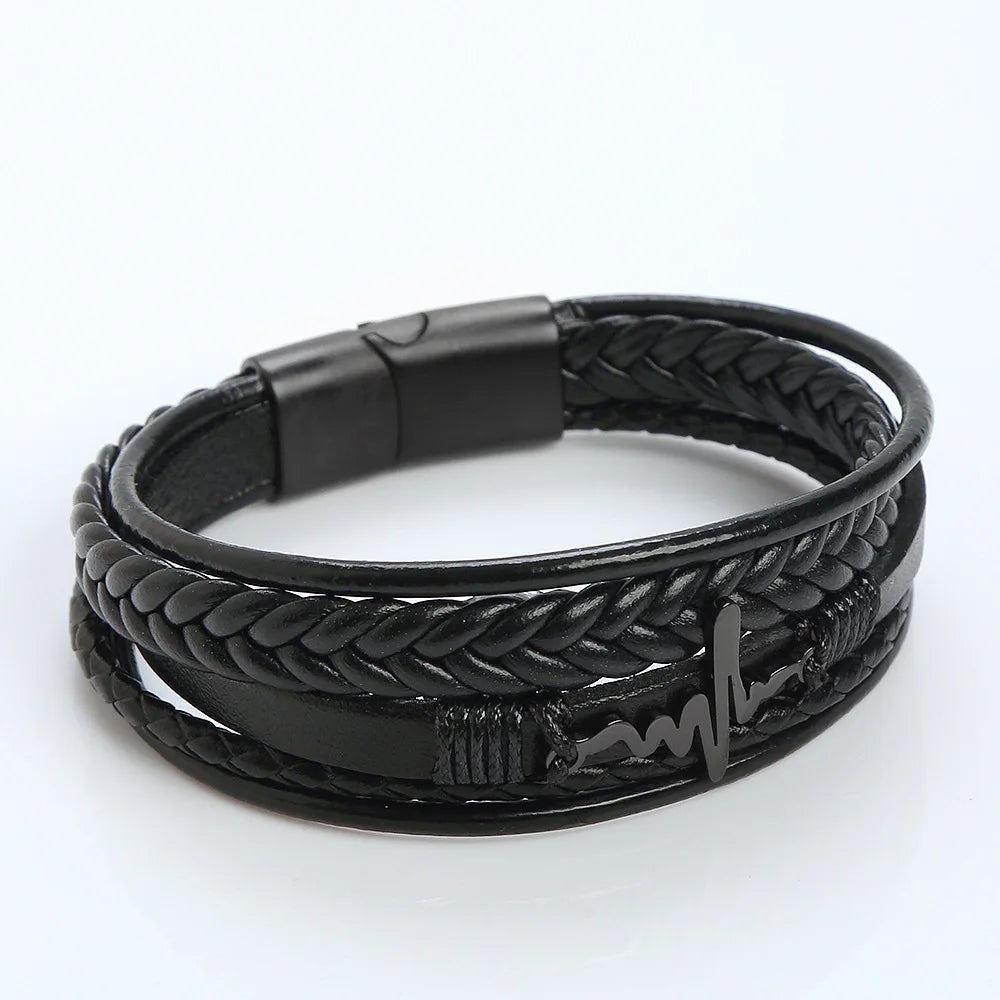 Stainless Steel Heartbeat Men Genuine Leather Alloy Clasp Bracelets Charm Multi-layer Leather Bracelet SCB028