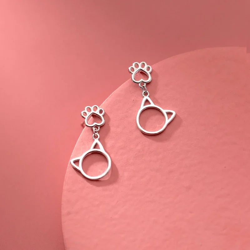 Fashion New Summer Silver Jewelry Hollow Cat Paw Stud Earrings Animal Jewelry