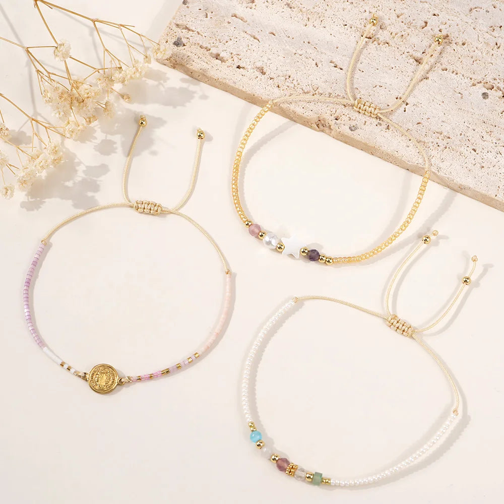 Go2boho Unisex Semi-Precious Gemstone Faux Pearl Beaded Bracelet Set Gold Plating Accents Adjustable Size for Party Occasions