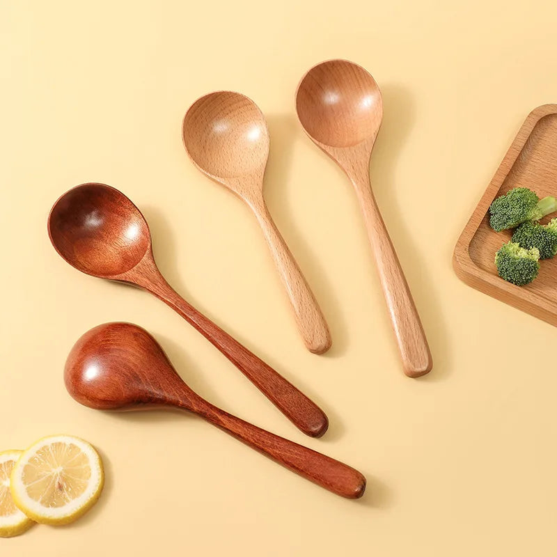 Wholesale Unique Design Custom Engrave Logo Big Round Soup Beech Wood Serving Table Spoon for Eating