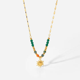 Fashion Women Bohemian Jewelry 18K Gold Plated Sun Pendant Stainless Steel Natural Stone Bead Necklace