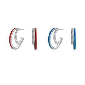 Light Luxury C-Shaped S925 Sterling Silver Rhodium Plated Blue Red Enamel Earrings Multi-Layer Studs Zircon for Weddings Parties