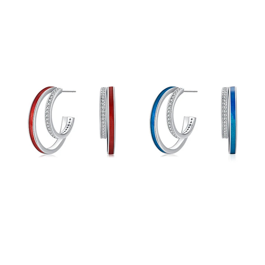 Light Luxury C-Shaped S925 Sterling Silver Rhodium Plated Blue Red Enamel Earrings Multi-Layer Studs Zircon for Weddings Parties