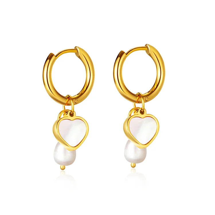 Fashion Shell Pearl Earring Gold Plated Heart Shell Pearl Pendant Hoop Earrings