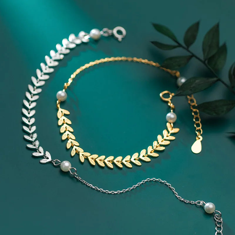 Jewelry Manufacturers Luxury S925 Silver Bracelet Jewelry Female Small Leaf Wheat Shell Pearl Bracelet