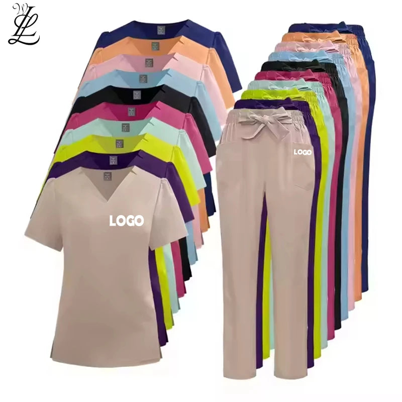 Custom LOGO Stretchy Spandex Spa Women Nursing Scrub Hair Salon Nurse Scrub Pet Hospital Jogger Set 2 Piece Uniforms Sets