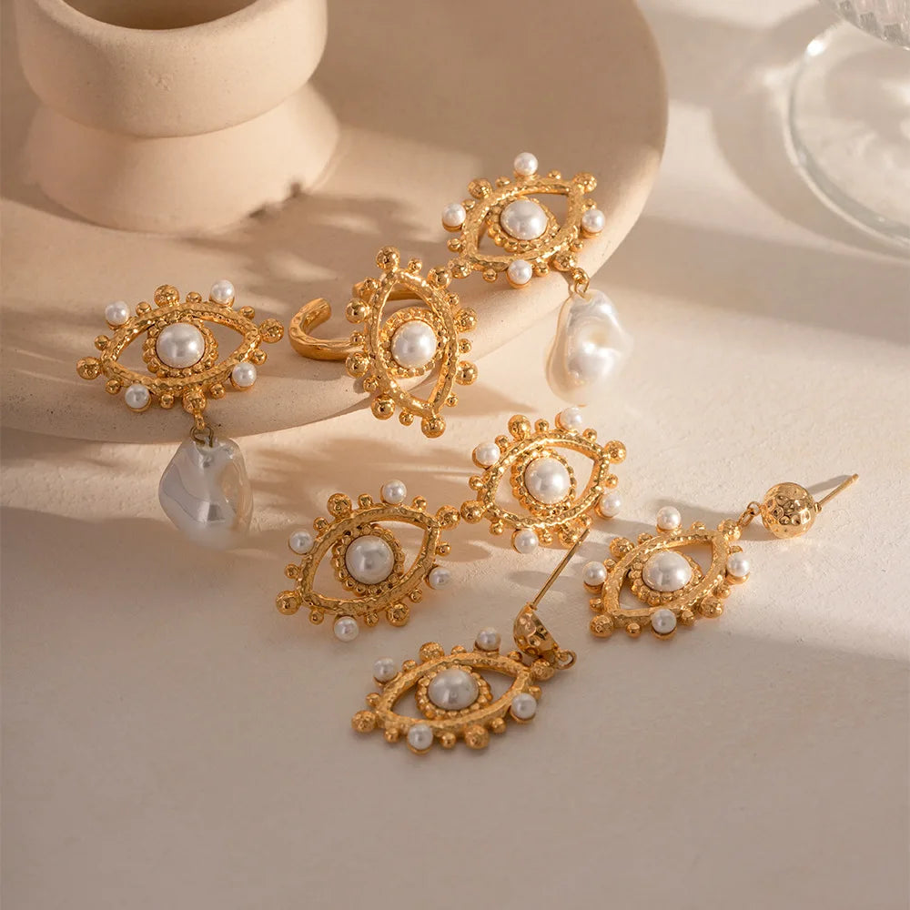 HOVANCI Daily Vintage Non Tarnish 18K PVD Stainless Steel Gold Plated Hollow Eye Stud Earring With Pearls