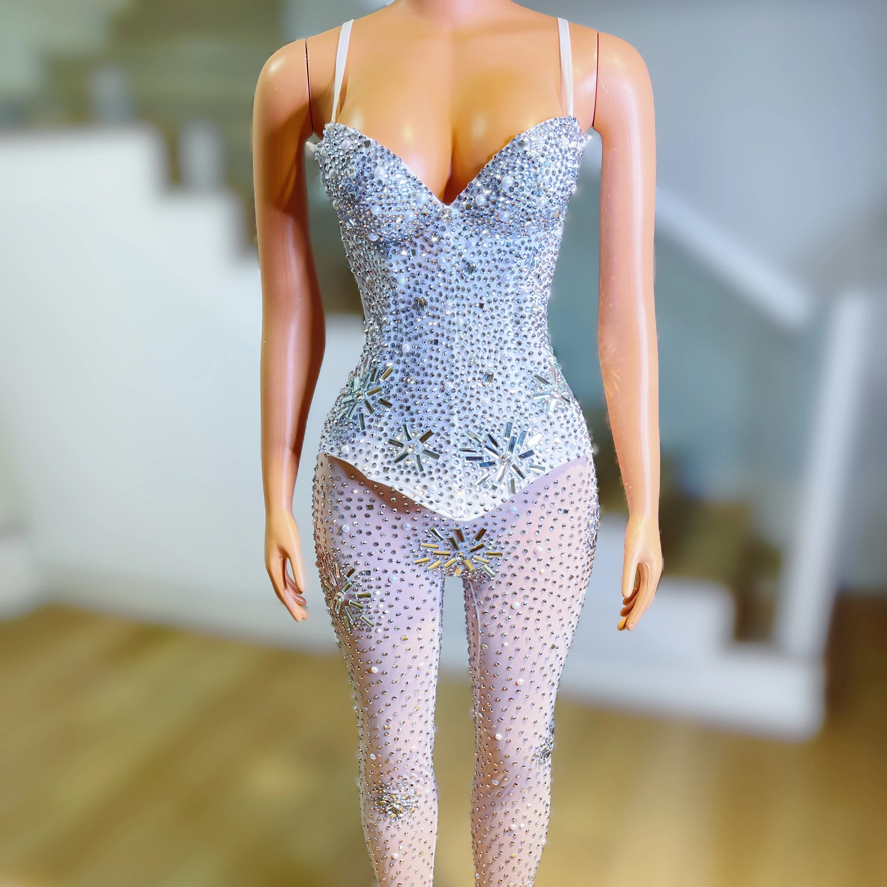 Sparkly Stretch See Through Mesh Crystal Club Party Dress Women Bodycon Perspective Mini Dress Sexy Prom Dress