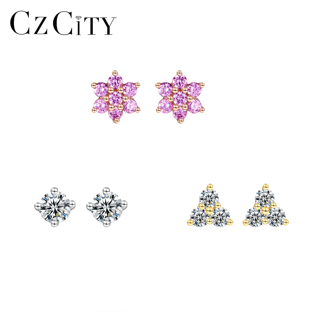 Dainty Women Jewelry 3 Pairs/Set 925 Silver Earrings Simple Fashion Claw Set Zirconia Stud Earrings Set  Gold Plated for Gift