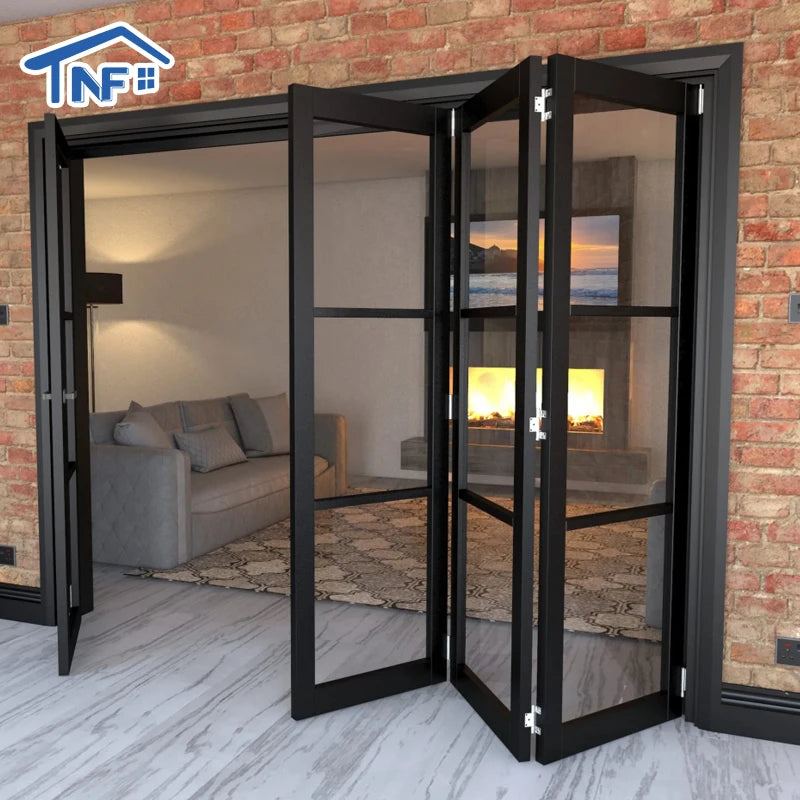 Restaurant Aluminum Folding Doors Slim Sliding Foldable Double Tempered Glass EPMD Rubber Seal Waterproof NFRC Certified Modern
