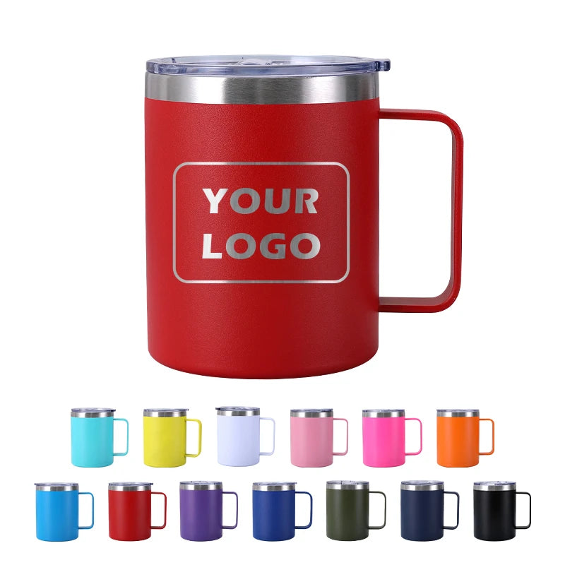 Custom logo 12oz Double Wall Insulated Travel Coffee Mug Stainless Steel Powder Coated Camping Tumbler with Handle