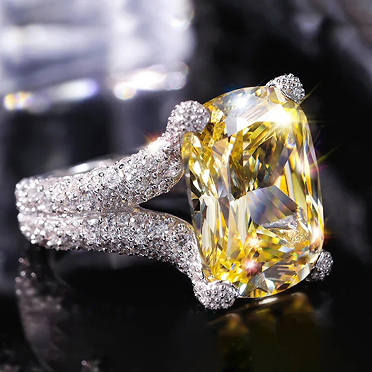 Huitan Gorgeous Rectangle Design Yellow Crystal Cubic Zirconia Finger Rings for Engagement Silver Plated CZ Rings Jewelry Women