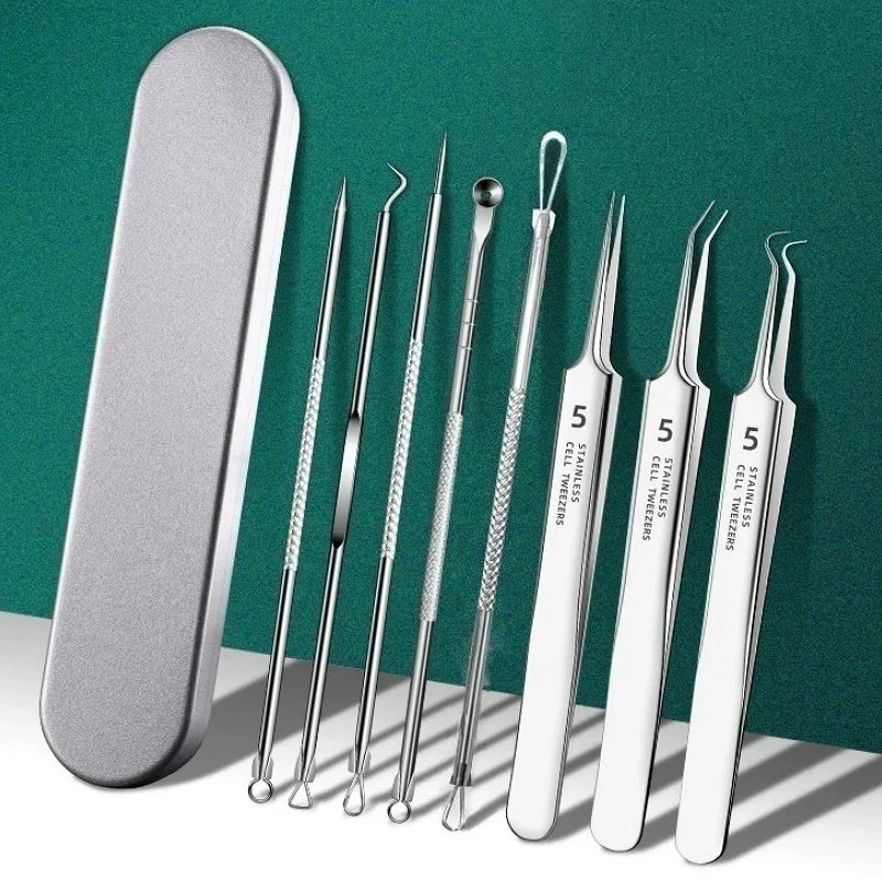 High Quality Stainless Steel No.5 Cell Tweezers Blackhead Clip Professional Acne Clip Pimple Extractor Acne Needle Tool Kit