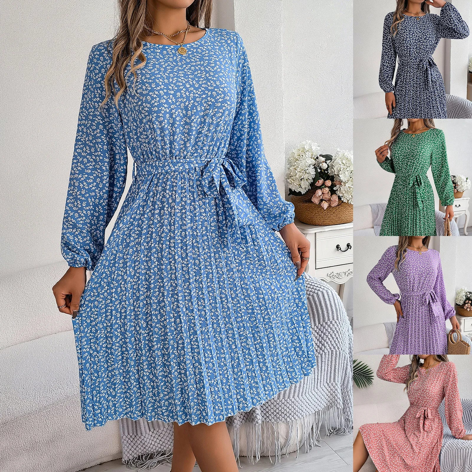 Women's Elegant Modest Midi Length Dresses Casual Bubble Sleeves Digital Printed for Autumn Season Lady's Evening Dress