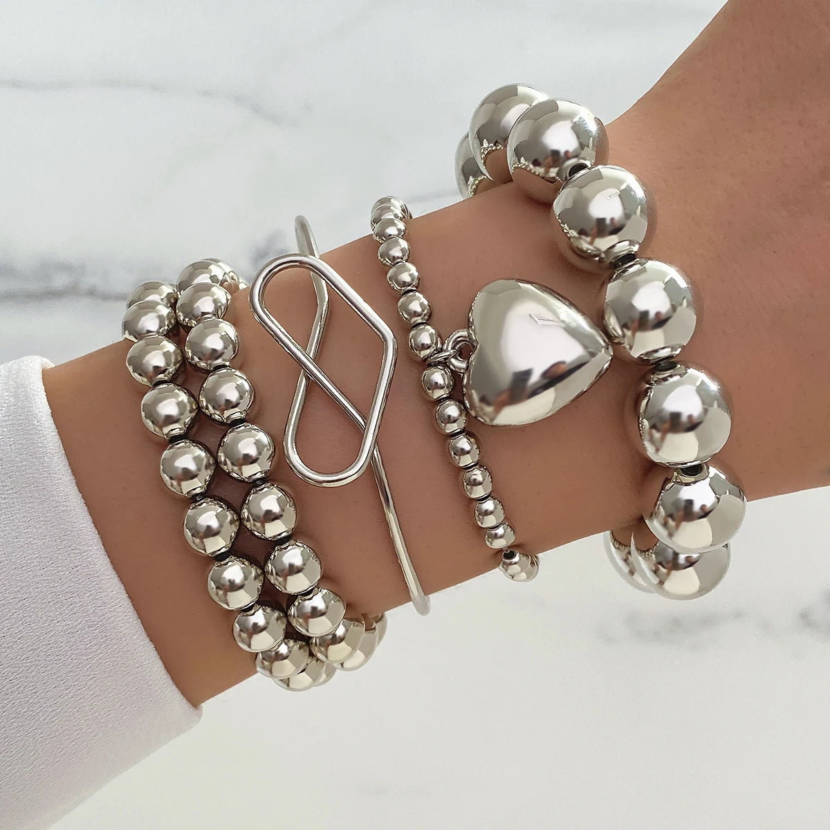 Custom New Fashion Silver Bead Bracelet Vintage Marble Geometric Chain Bangle Bracelet Set