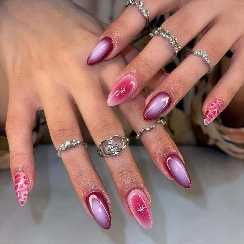 Wholesale 3967 Stunning Pink and Red Ombre Short Almond False Nail Press on Nail Artificial Fingernails Customize
