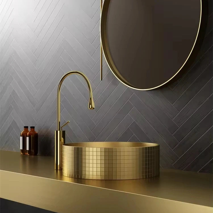 Bathroom Decoration Golden Round Mosaic Shape Stainless Steel  304 Above Counter Bathroom Sink Lavabo
