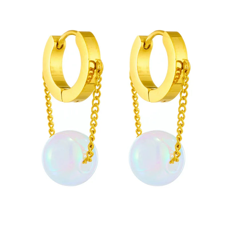 Waterproof Tarnish Free Designer Inspired Stainless Steel Gold Plate Plastic Bead Dangle Hoop Huggie Earring Women Jewelry