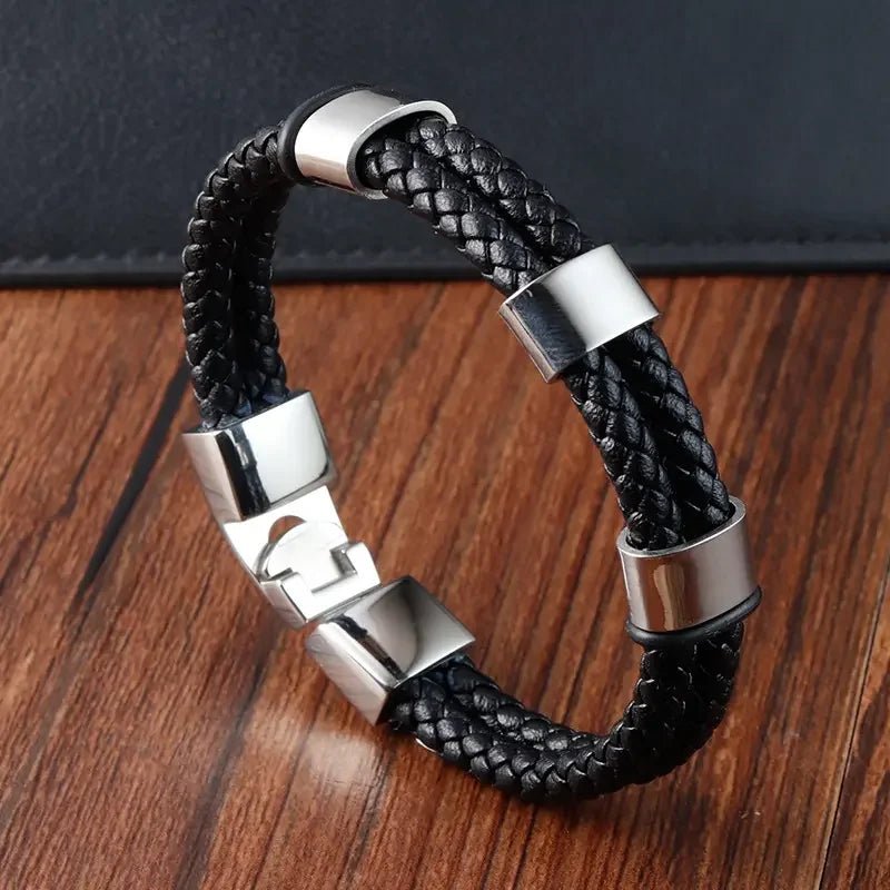 Multi-color Handmade Two Layers Bracelet With Magnetic Clasp Personalized Logo Engraved Metal Beads Leather Bracelets OT-234