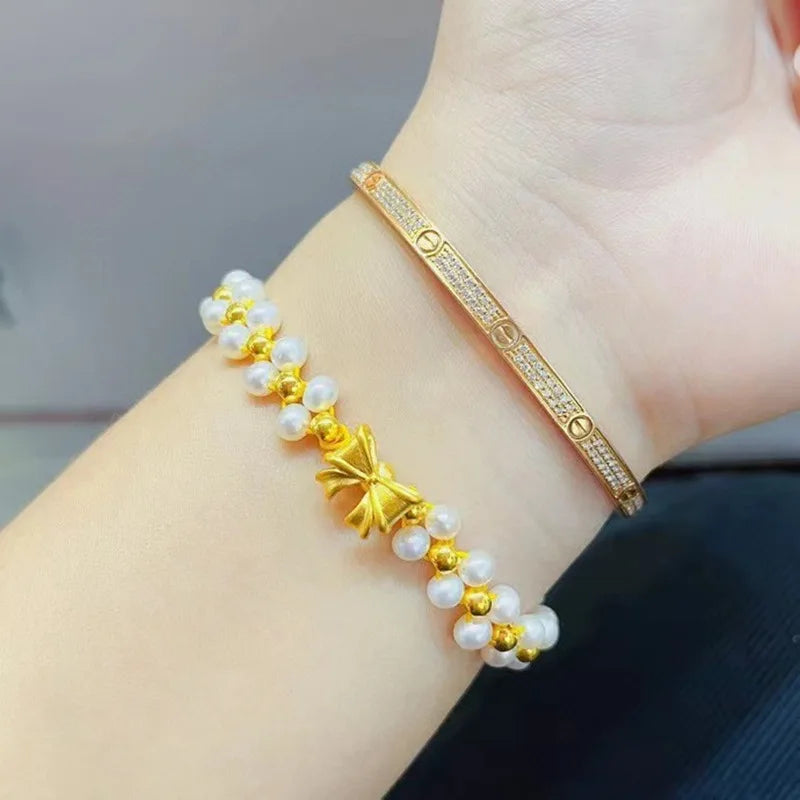 Aimgal Fine Jewelry AU999 Gold Beads 5D Hard Gold Bow Natural Freshwater Pearl Transfer Bracelet Stylish Trendy for Wedding Gift