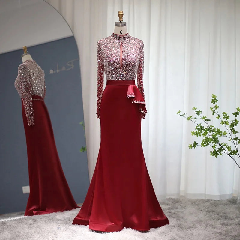 Jancember LSCZ99 Elegant High Neck Satin Sashes Full Sleeve Mermaid Dress