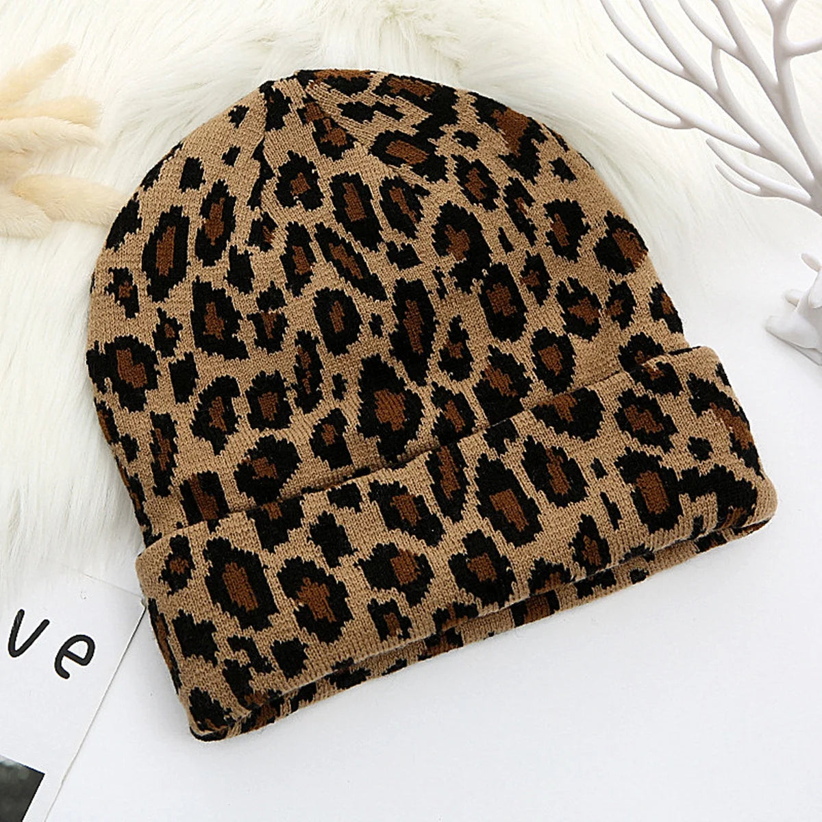 Women Winter Warm Leopard Print Light Body Knitted Hat Melon Skin Curled Dome Beanies Hats