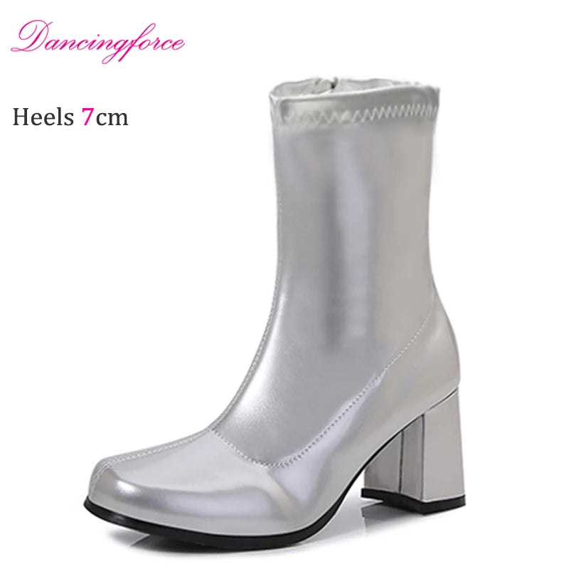 Blue Vintage Go Go Ankle Boots for Women Chunky Heels Height Increasing Feature 60s 70s Style Fetish Booties