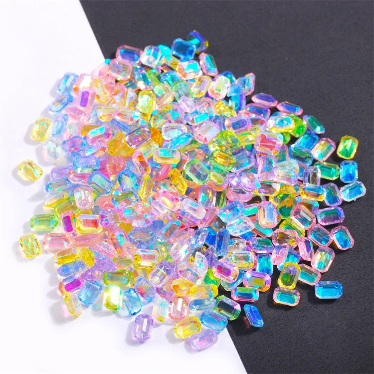 Hisenlee 3D Nail Art Accessories 50PCS 4X6MM Resin AB Colors Rhinestone Rectangular Shape Pointed Bottom Transparent Glitter