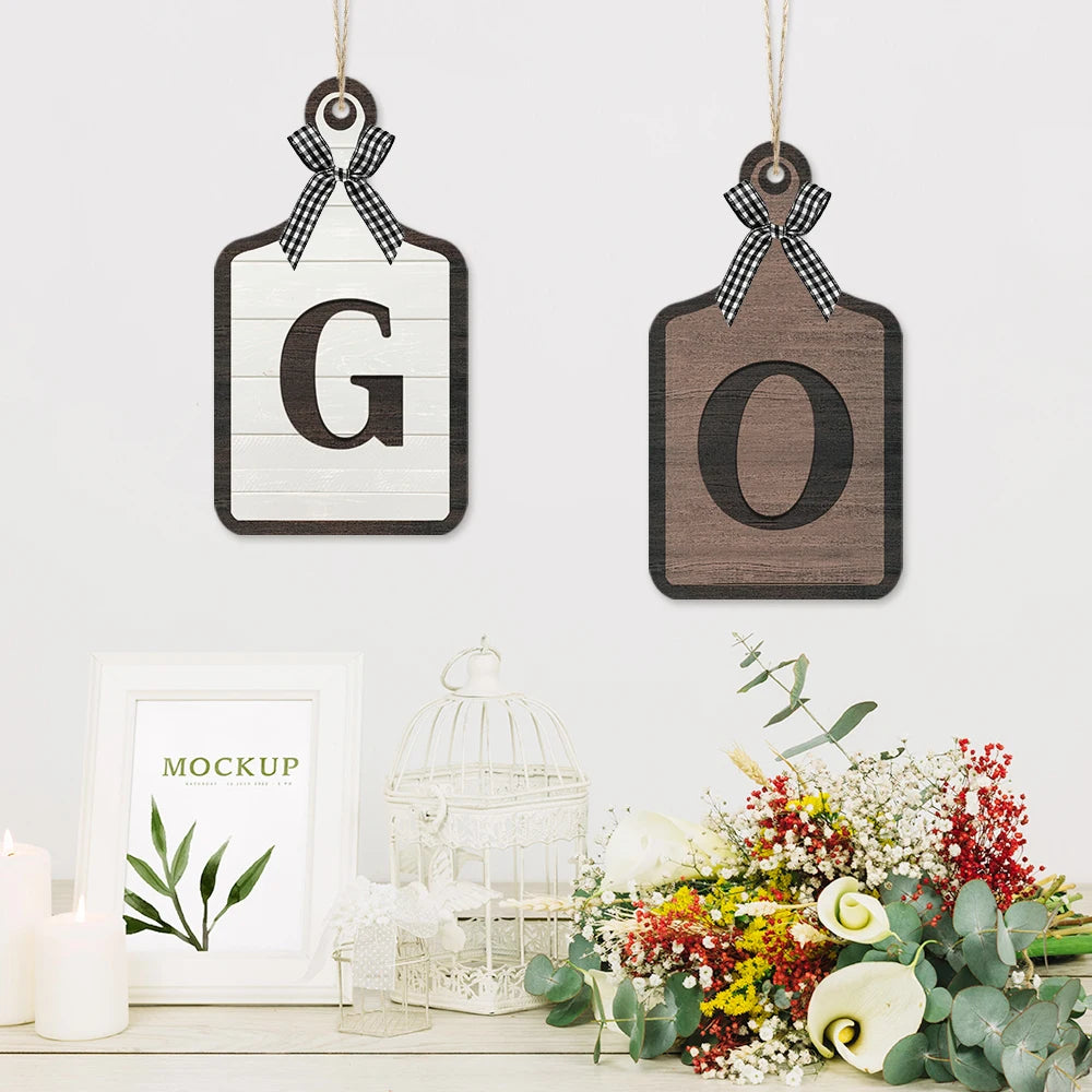 Chopping Board Shape Letter Alphabet Wooden Hanging Wall Sign Decor with Bow Accents Sign