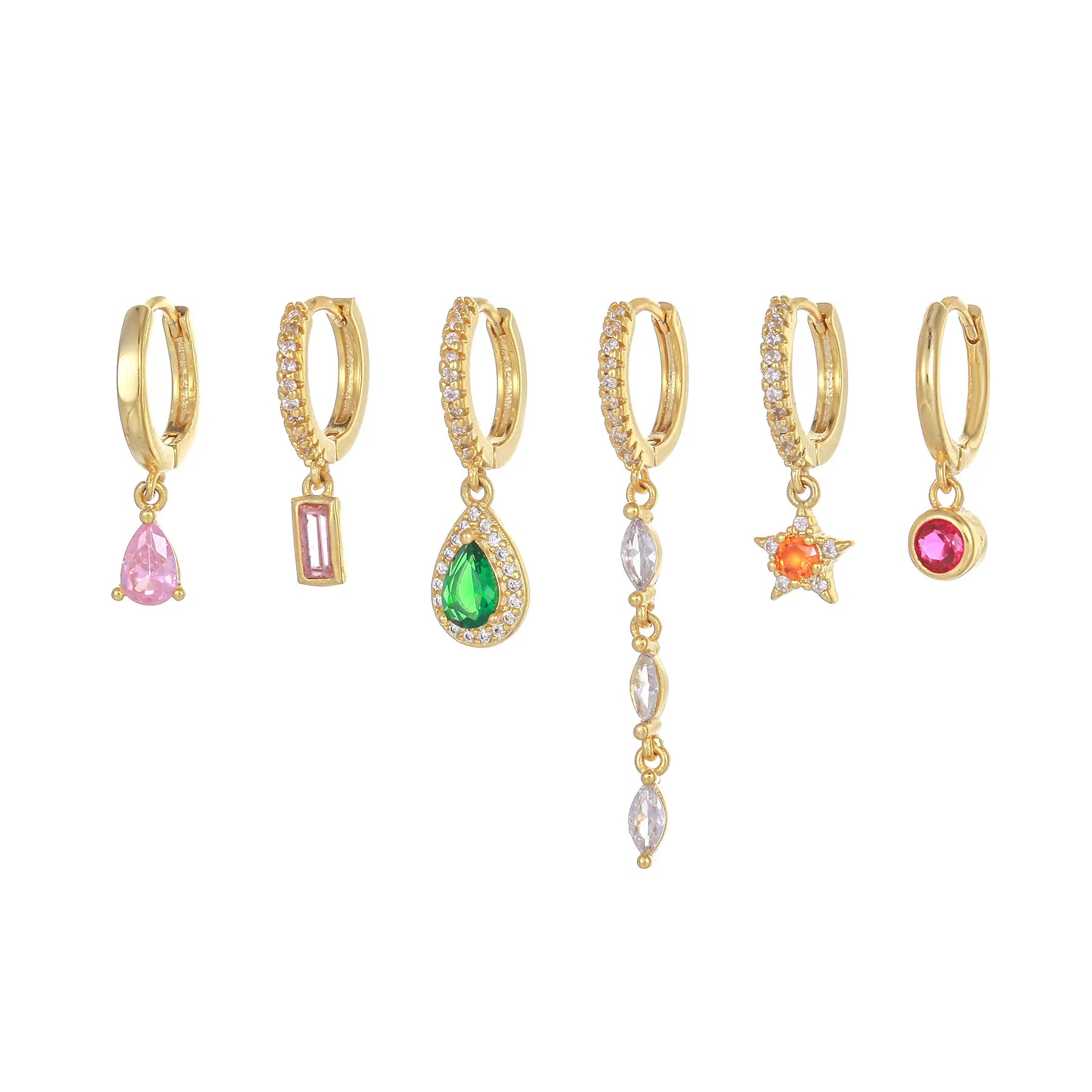 Fashion Jewelry Geometric Water Drop Earrings Set 18K Gold Plated Brass Earrings Colored Zircon Pentagram Earrings for Women