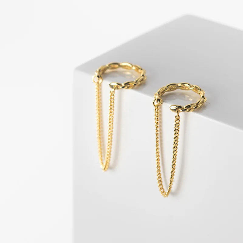 925 Sterling Silver Non Pierced Gold Plated Tassel Chain Ear Cuffs Geometric Shape Clip on Earrings Fashion Jewelry for Women