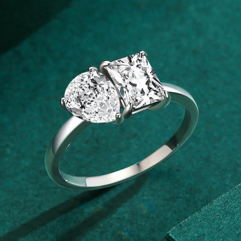 S925 Silver 1 Carat Water Drop Square Double Stone Moissanite Engagement Wedding Ring Personalized for European American Style