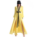 V Neck Puff Sleeve Midi Long Dress for Women New Style High Waist Patchwork Colorblock Vintage Weaved Breathable