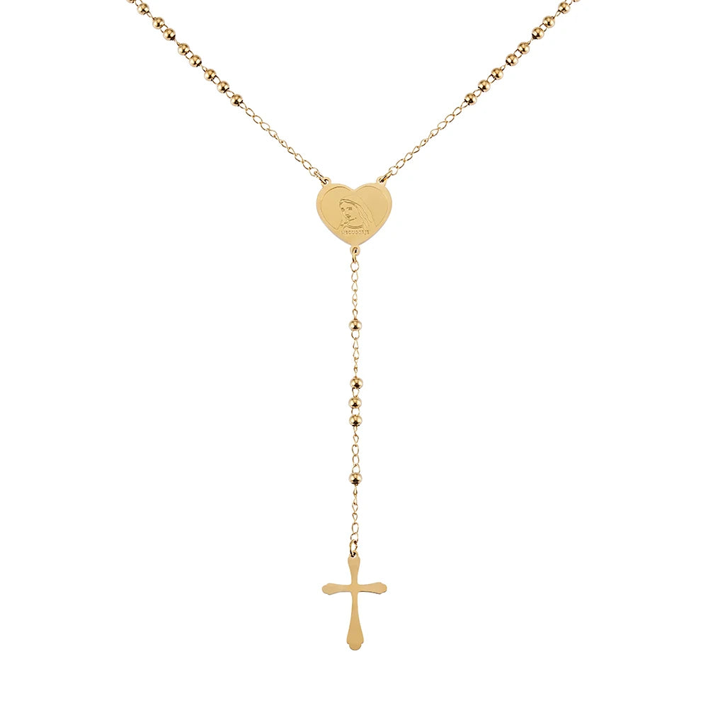 Religious Prayer Beads Rosarios De Oro Laminado Virgin Mary Heart Shaped Pendant Gold Plated Christian Rosary Necklace