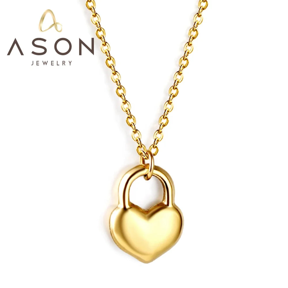 Ason Waterproof Stainless Steel Necklace Pvd 18k Gold Love Heart Lock Pendant Necklace for Women