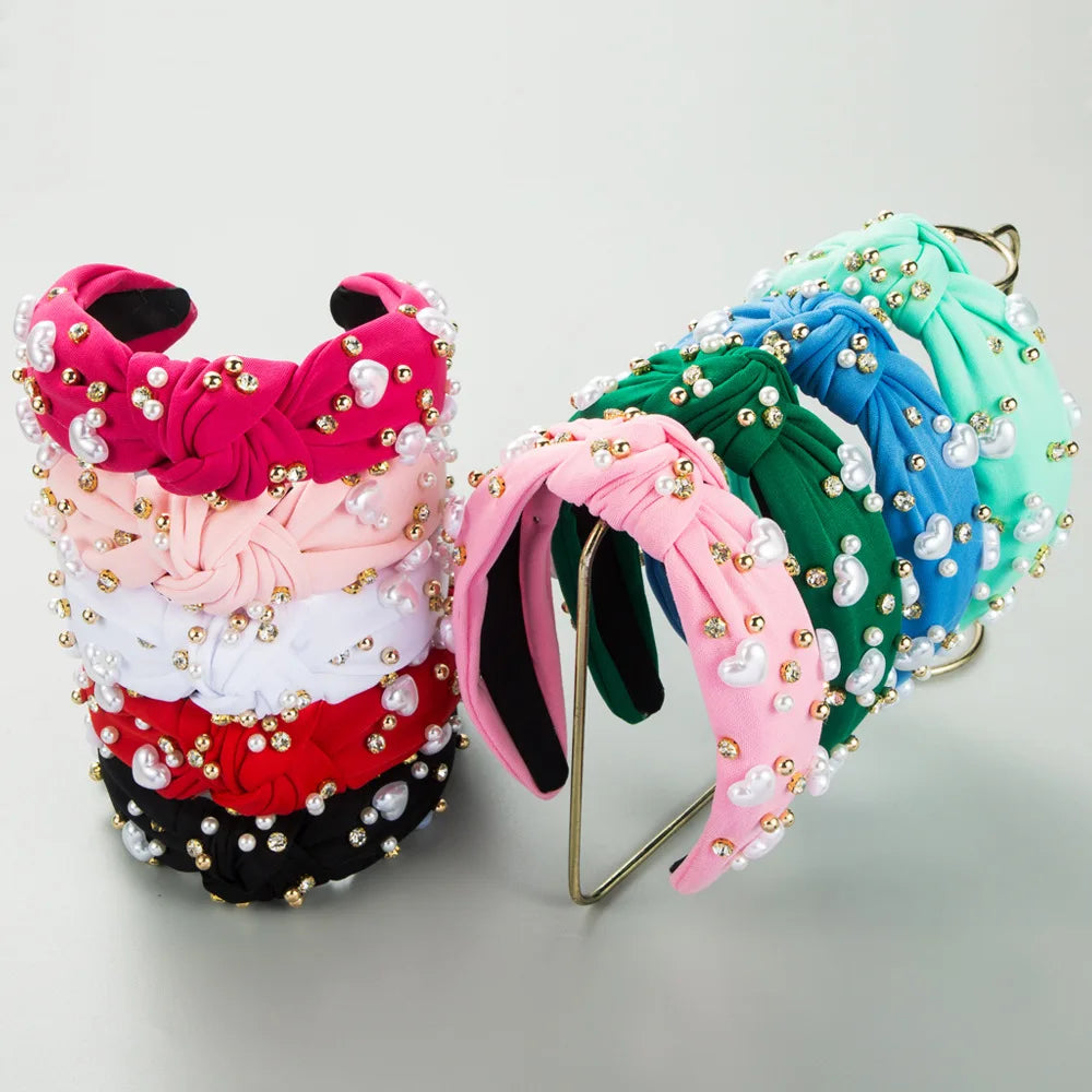 Cute Pearl Heart Rhinestone Hairband for Women Multi-Color Cotton Fabric Bowknot Beads Accessory Fashion Sporty Style