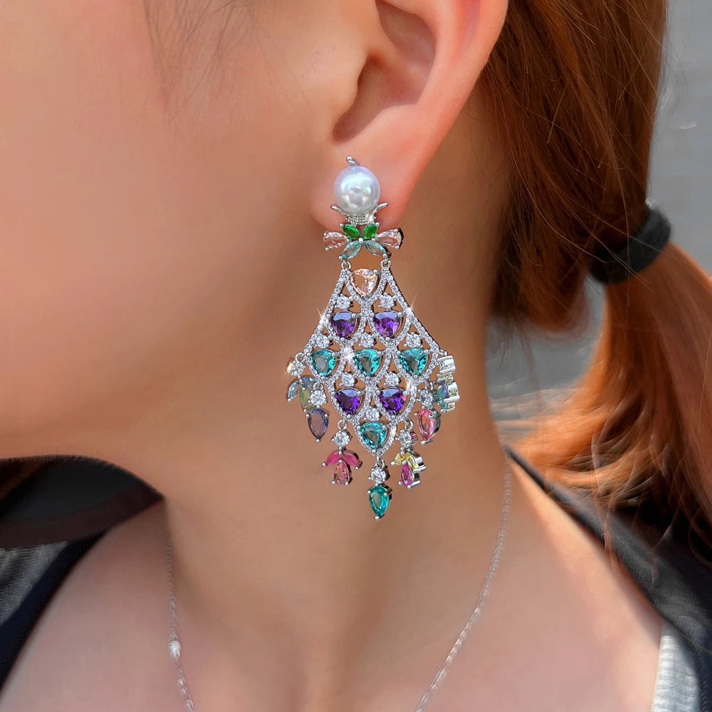 2023 New Trend Luxury Chunky Cubic Zirconia Pave Multicolor Large Long Chandelier Drop Dangle Bridal Party Earrings for Women