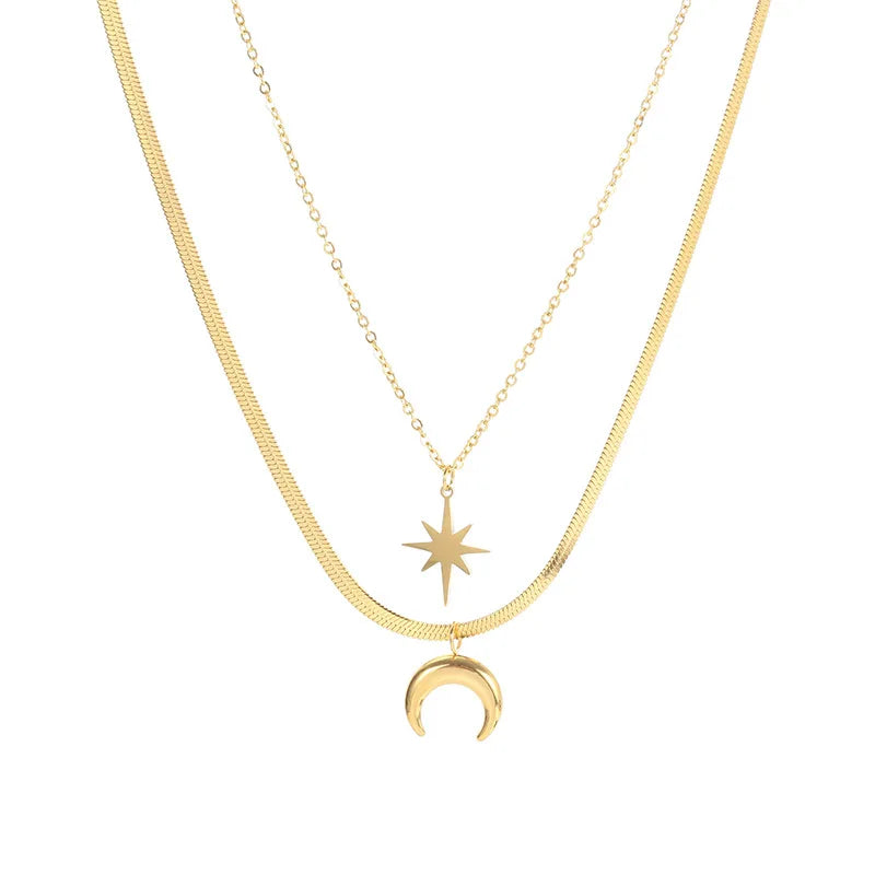 Fashion Luxury Gold Plated Eight-pointed Star Pendant Necklace Stainless Steel Moon Multilayer Snake Chain Jewelry for Women