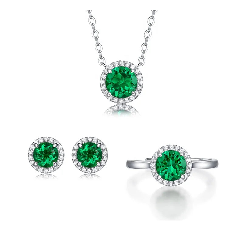 925 Silver Three-Piece Women's Wedding Diamond Halo Ring Earrings Pendant Necklace Sets for Party Gift Created Emerald Jewelry